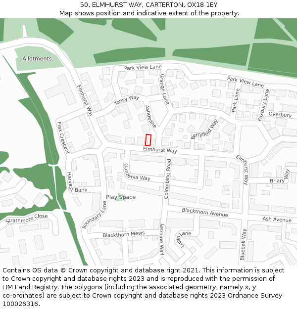 50, ELMHURST WAY, CARTERTON, OX18 1EY: Location map and indicative extent of plot