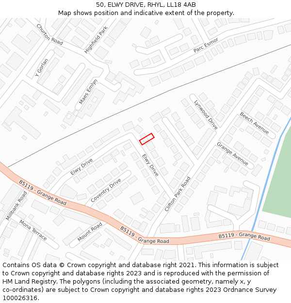 50, ELWY DRIVE, RHYL, LL18 4AB: Location map and indicative extent of plot