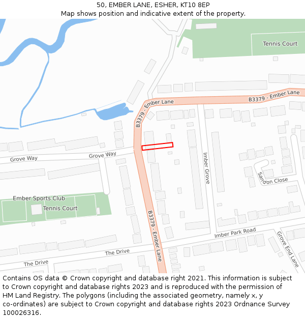 50, EMBER LANE, ESHER, KT10 8EP: Location map and indicative extent of plot