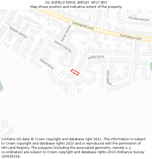 50, ENFIELD DRIVE, BATLEY, WF17 8DY: Location map and indicative extent of plot