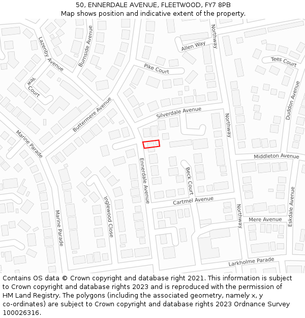 50, ENNERDALE AVENUE, FLEETWOOD, FY7 8PB: Location map and indicative extent of plot