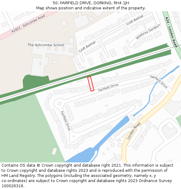 50, FAIRFIELD DRIVE, DORKING, RH4 1JH: Location map and indicative extent of plot