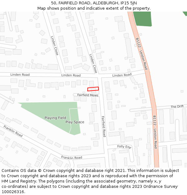 50, FAIRFIELD ROAD, ALDEBURGH, IP15 5JN: Location map and indicative extent of plot