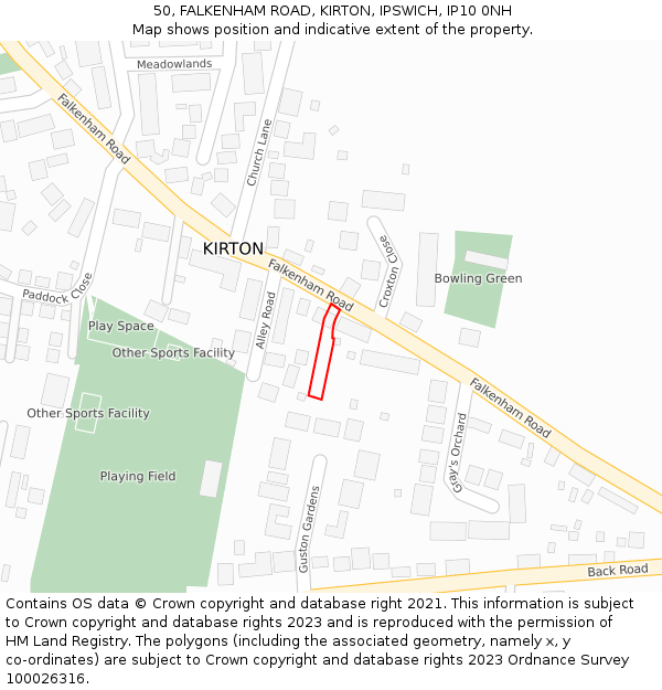 50, FALKENHAM ROAD, KIRTON, IPSWICH, IP10 0NH: Location map and indicative extent of plot