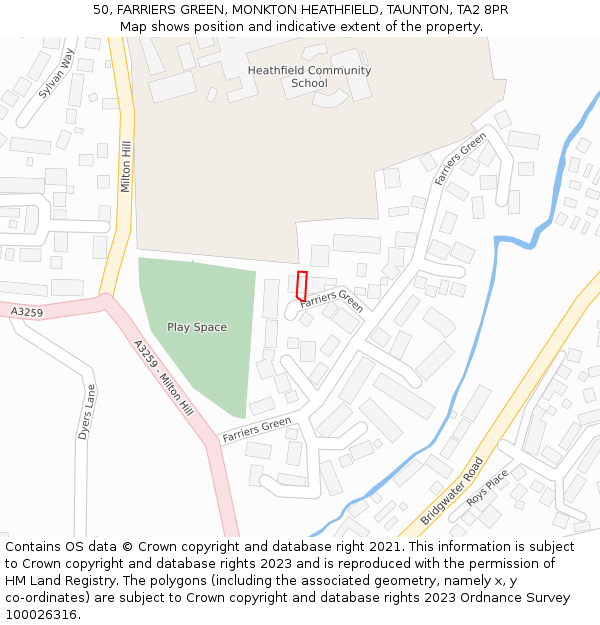 50, FARRIERS GREEN, MONKTON HEATHFIELD, TAUNTON, TA2 8PR: Location map and indicative extent of plot