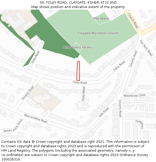 50, FOLEY ROAD, CLAYGATE, ESHER, KT10 0ND: Location map and indicative extent of plot