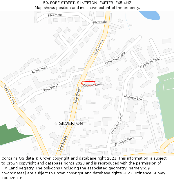 50, FORE STREET, SILVERTON, EXETER, EX5 4HZ: Location map and indicative extent of plot