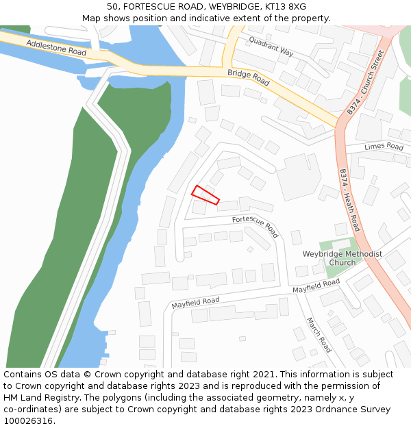 50, FORTESCUE ROAD, WEYBRIDGE, KT13 8XG: Location map and indicative extent of plot