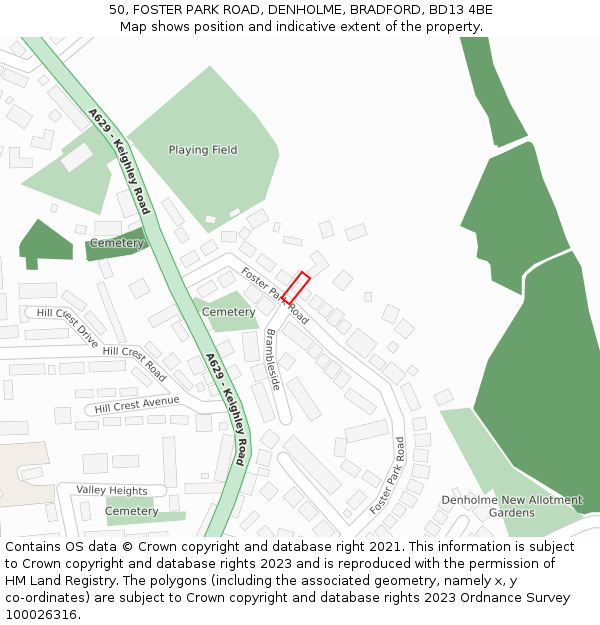 50, FOSTER PARK ROAD, DENHOLME, BRADFORD, BD13 4BE: Location map and indicative extent of plot