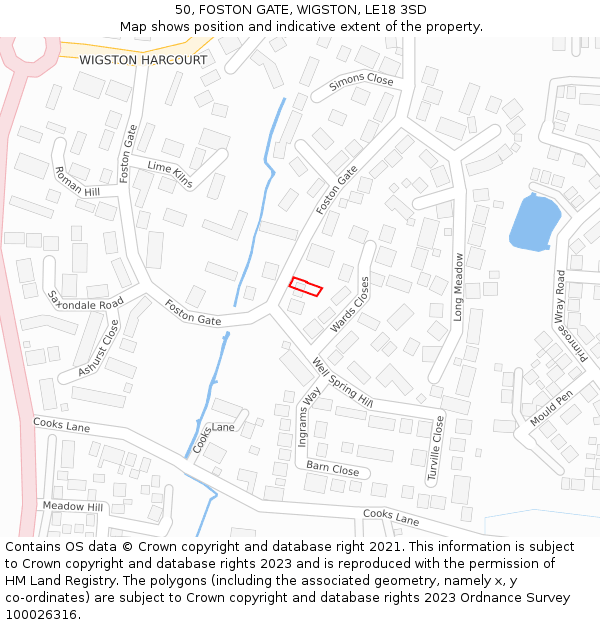 50, FOSTON GATE, WIGSTON, LE18 3SD: Location map and indicative extent of plot