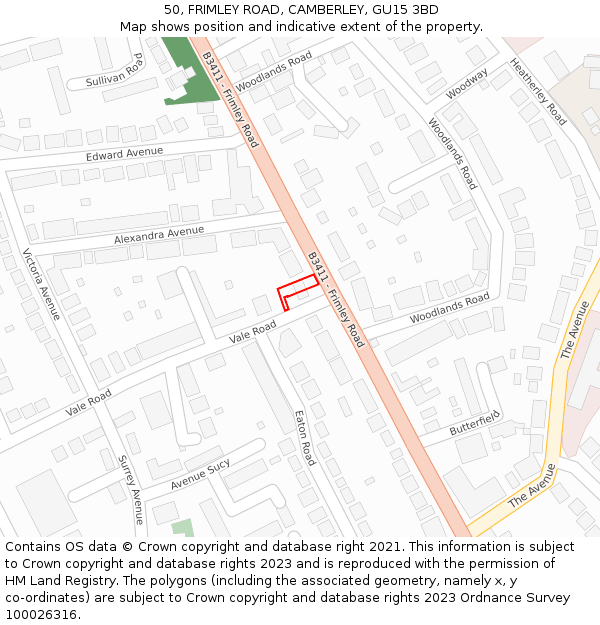 50, FRIMLEY ROAD, CAMBERLEY, GU15 3BD: Location map and indicative extent of plot