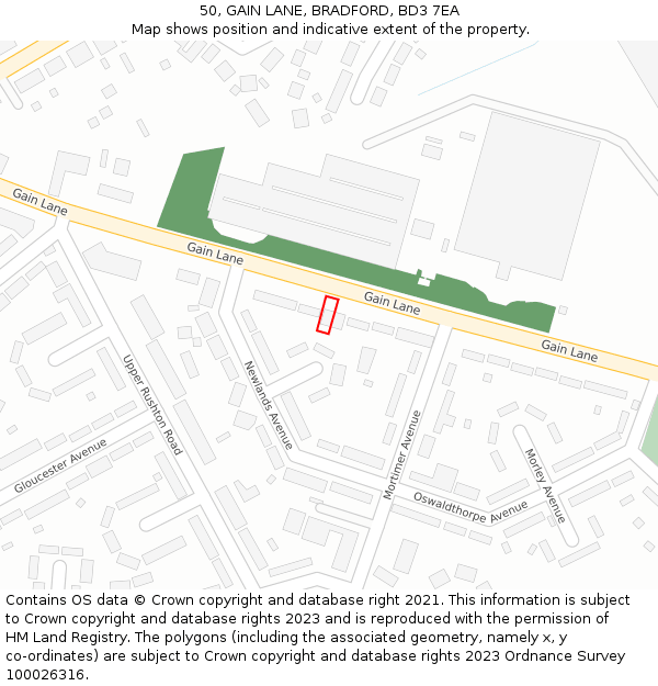 50, GAIN LANE, BRADFORD, BD3 7EA: Location map and indicative extent of plot