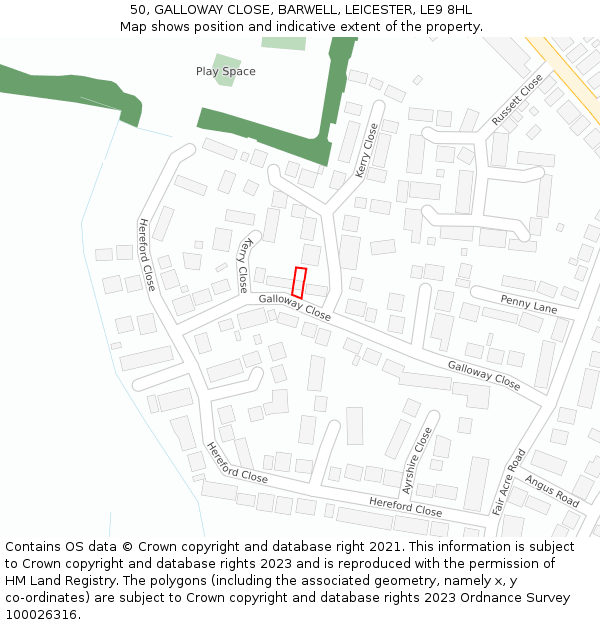 50, GALLOWAY CLOSE, BARWELL, LEICESTER, LE9 8HL: Location map and indicative extent of plot