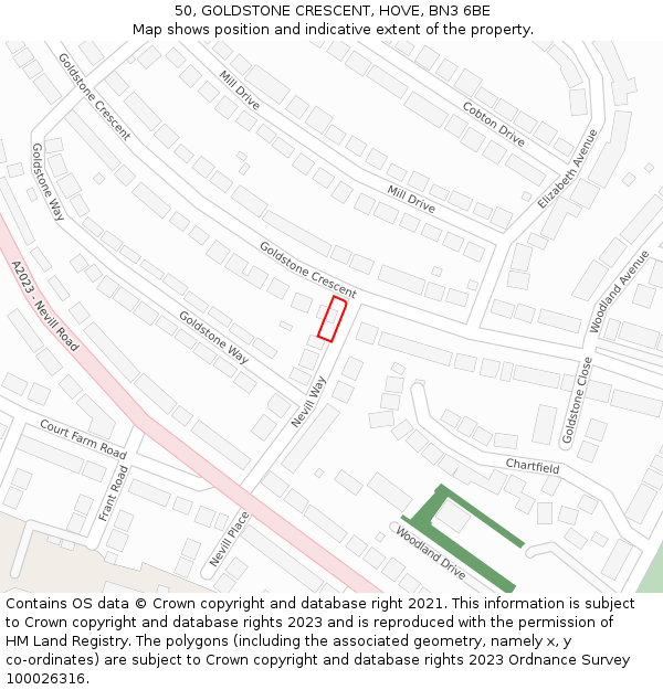 50, GOLDSTONE CRESCENT, HOVE, BN3 6BE: Location map and indicative extent of plot