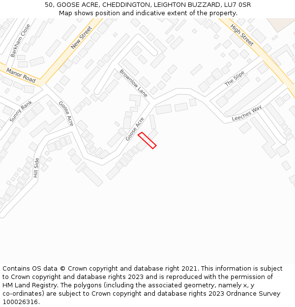 50, GOOSE ACRE, CHEDDINGTON, LEIGHTON BUZZARD, LU7 0SR: Location map and indicative extent of plot