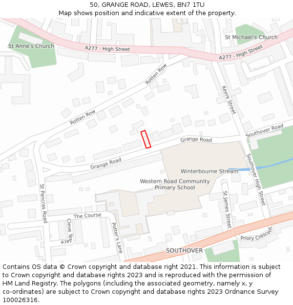 50, GRANGE ROAD, LEWES, BN7 1TU: Location map and indicative extent of plot