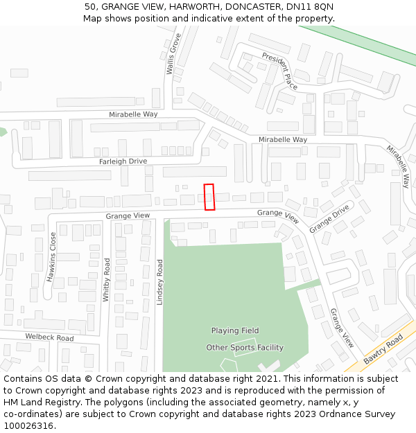 50, GRANGE VIEW, HARWORTH, DONCASTER, DN11 8QN: Location map and indicative extent of plot