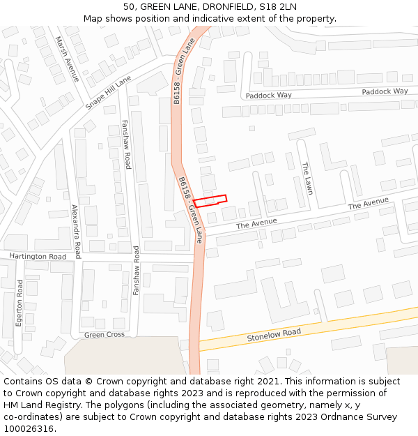 50, GREEN LANE, DRONFIELD, S18 2LN: Location map and indicative extent of plot