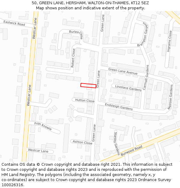 50, GREEN LANE, HERSHAM, WALTON-ON-THAMES, KT12 5EZ: Location map and indicative extent of plot