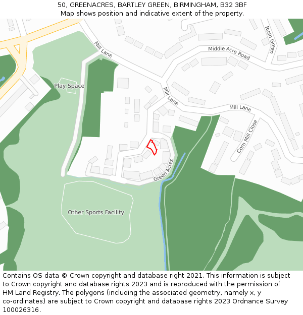 50, GREENACRES, BARTLEY GREEN, BIRMINGHAM, B32 3BF: Location map and indicative extent of plot