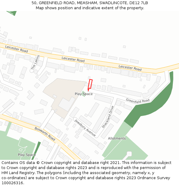 50, GREENFIELD ROAD, MEASHAM, SWADLINCOTE, DE12 7LB: Location map and indicative extent of plot