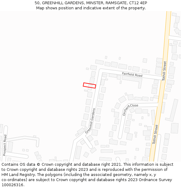 50, GREENHILL GARDENS, MINSTER, RAMSGATE, CT12 4EP: Location map and indicative extent of plot