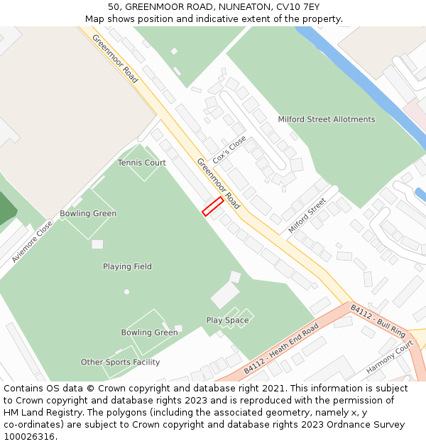 50, GREENMOOR ROAD, NUNEATON, CV10 7EY: Location map and indicative extent of plot