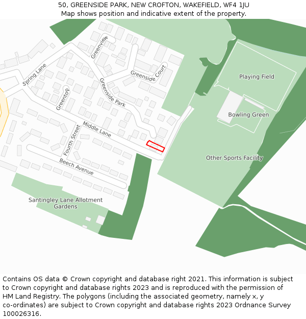 50, GREENSIDE PARK, NEW CROFTON, WAKEFIELD, WF4 1JU: Location map and indicative extent of plot