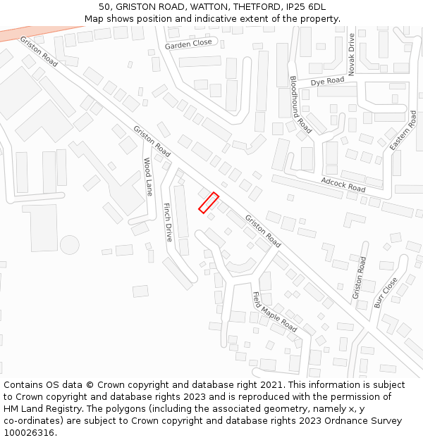 50, GRISTON ROAD, WATTON, THETFORD, IP25 6DL: Location map and indicative extent of plot