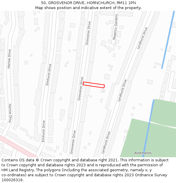 50, GROSVENOR DRIVE, HORNCHURCH, RM11 1PN: Location map and indicative extent of plot