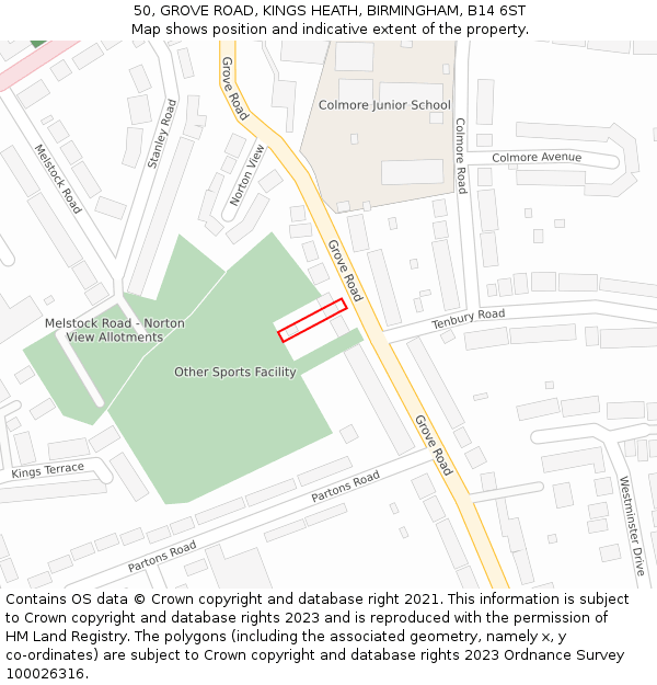 50, GROVE ROAD, KINGS HEATH, BIRMINGHAM, B14 6ST: Location map and indicative extent of plot