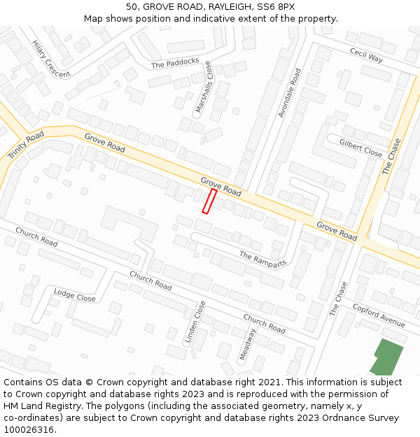 50, GROVE ROAD, RAYLEIGH, SS6 8PX: Location map and indicative extent of plot