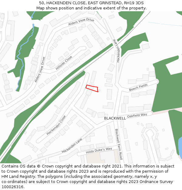 50, HACKENDEN CLOSE, EAST GRINSTEAD, RH19 3DS: Location map and indicative extent of plot