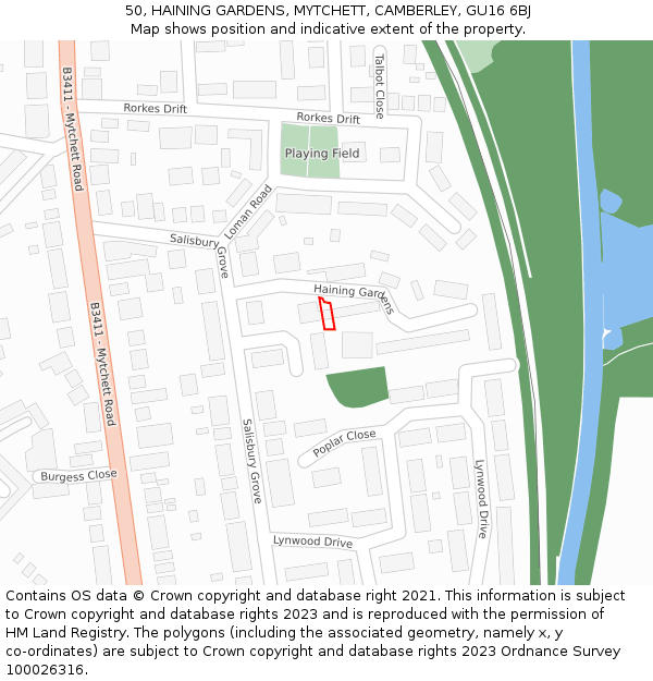 50, HAINING GARDENS, MYTCHETT, CAMBERLEY, GU16 6BJ: Location map and indicative extent of plot