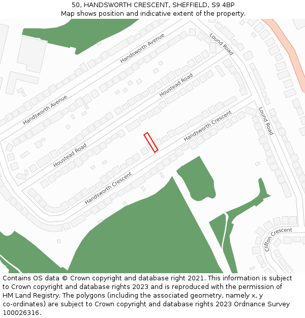 50, HANDSWORTH CRESCENT, SHEFFIELD, S9 4BP: Location map and indicative extent of plot