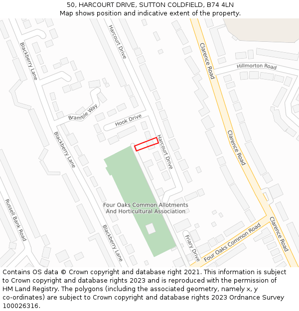 50, HARCOURT DRIVE, SUTTON COLDFIELD, B74 4LN: Location map and indicative extent of plot