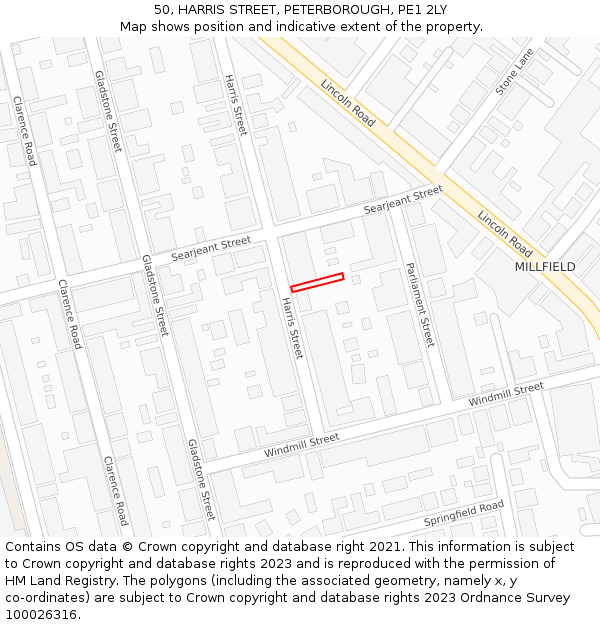 50, HARRIS STREET, PETERBOROUGH, PE1 2LY: Location map and indicative extent of plot