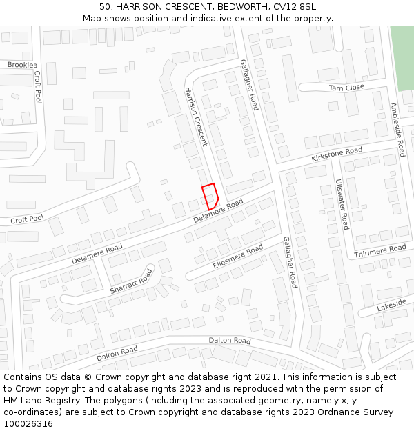 50, HARRISON CRESCENT, BEDWORTH, CV12 8SL: Location map and indicative extent of plot