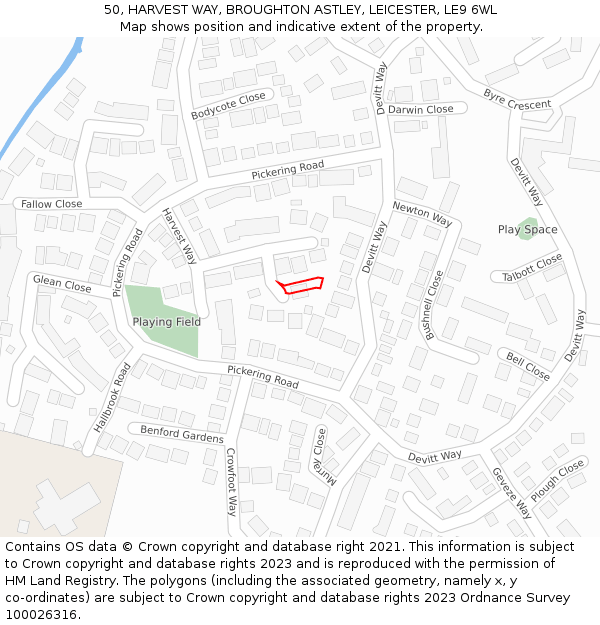 50, HARVEST WAY, BROUGHTON ASTLEY, LEICESTER, LE9 6WL: Location map and indicative extent of plot