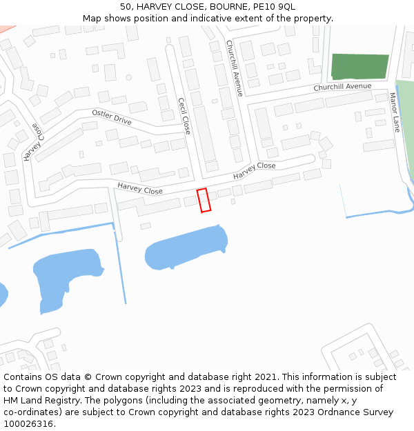 50, HARVEY CLOSE, BOURNE, PE10 9QL: Location map and indicative extent of plot