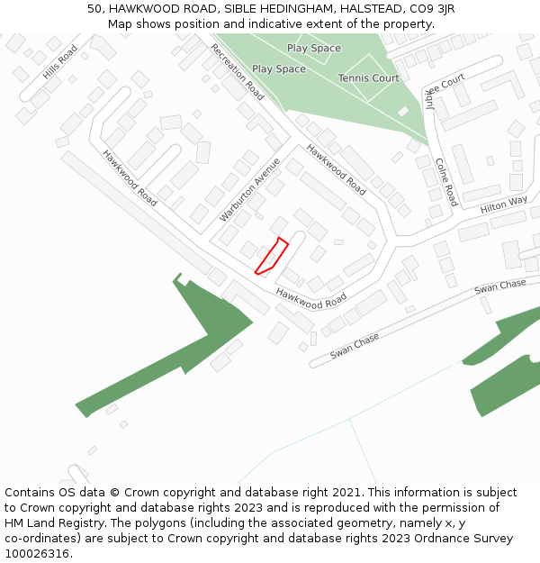 50, HAWKWOOD ROAD, SIBLE HEDINGHAM, HALSTEAD, CO9 3JR: Location map and indicative extent of plot