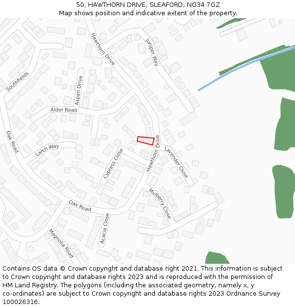 50, HAWTHORN DRIVE, SLEAFORD, NG34 7GZ: Location map and indicative extent of plot