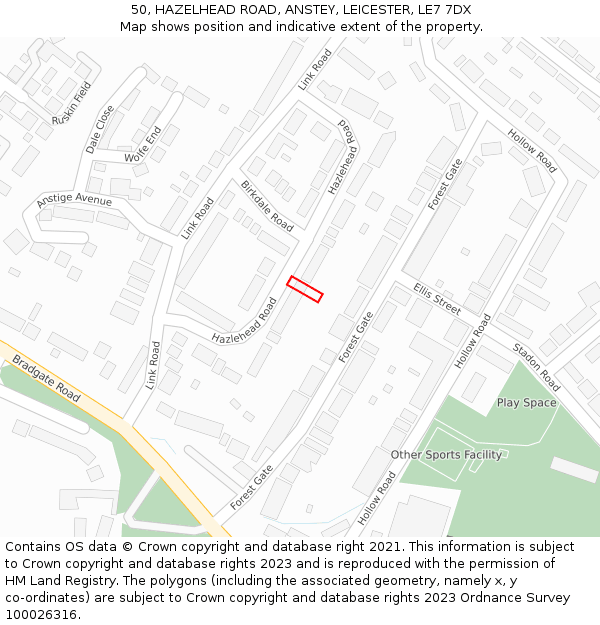 50, HAZELHEAD ROAD, ANSTEY, LEICESTER, LE7 7DX: Location map and indicative extent of plot