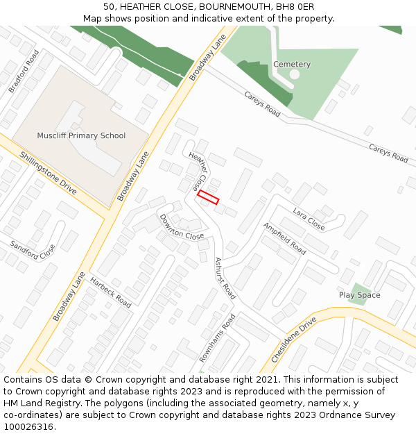 50, HEATHER CLOSE, BOURNEMOUTH, BH8 0ER: Location map and indicative extent of plot