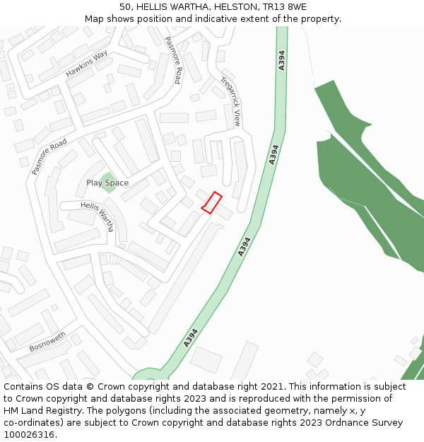 50, HELLIS WARTHA, HELSTON, TR13 8WE: Location map and indicative extent of plot