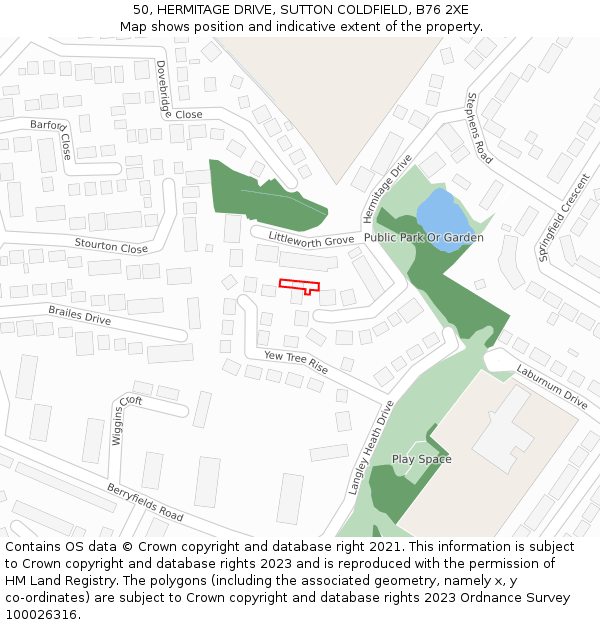 50, HERMITAGE DRIVE, SUTTON COLDFIELD, B76 2XE: Location map and indicative extent of plot