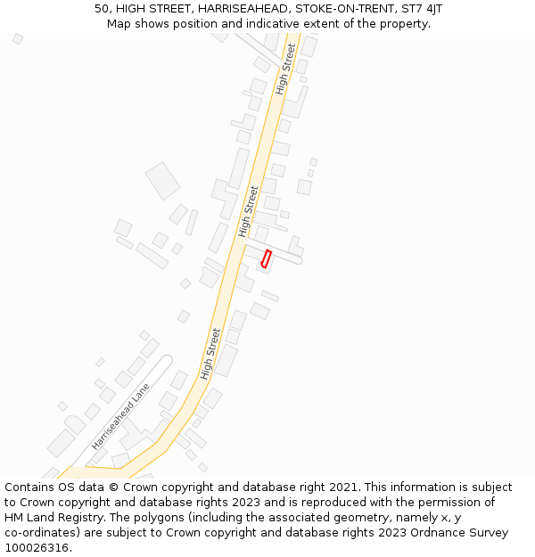 50, HIGH STREET, HARRISEAHEAD, STOKE-ON-TRENT, ST7 4JT: Location map and indicative extent of plot