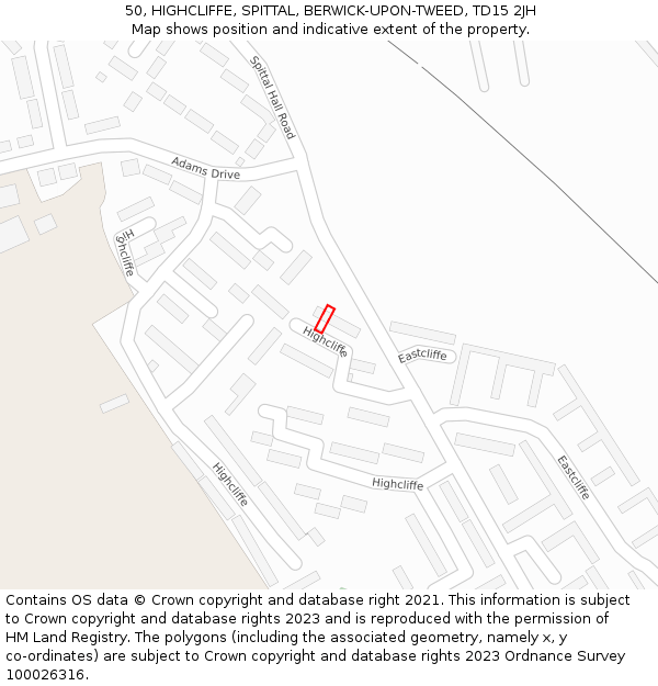 50, HIGHCLIFFE, SPITTAL, BERWICK-UPON-TWEED, TD15 2JH: Location map and indicative extent of plot