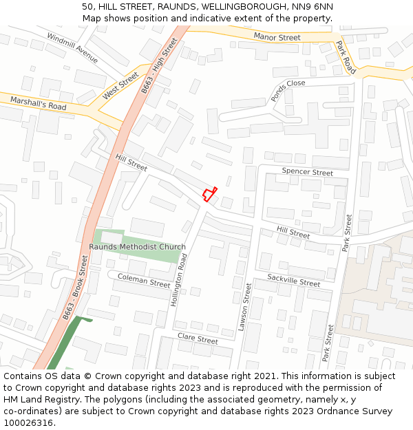 50, HILL STREET, RAUNDS, WELLINGBOROUGH, NN9 6NN: Location map and indicative extent of plot