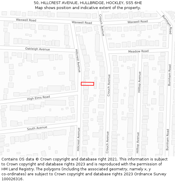 50, HILLCREST AVENUE, HULLBRIDGE, HOCKLEY, SS5 6HE: Location map and indicative extent of plot